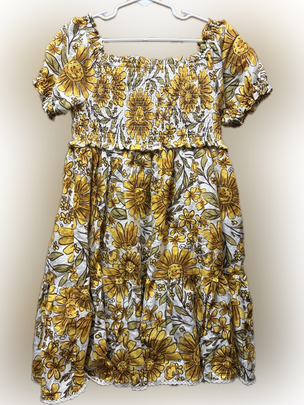 Girls Yellow Floral Smocked Dress - Picture 5 of 6